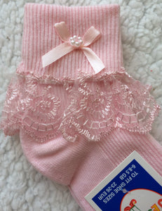 PINK - Pretty Lace Frilly Socks with pearl detail and bow