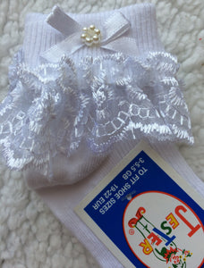WHITE - Pretty Lace Frilly Socks with pearl detail and bow