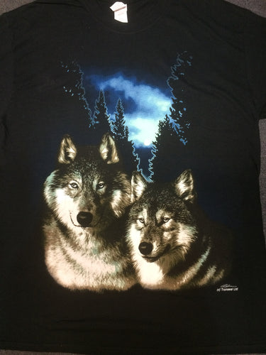 Twin Wolves with Moon and Blue Sky